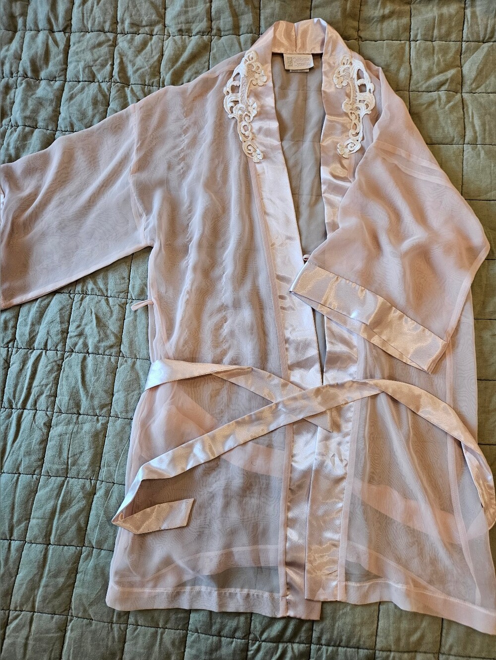 California Dynasty Sheer Embroidered Satin-Trim Robe